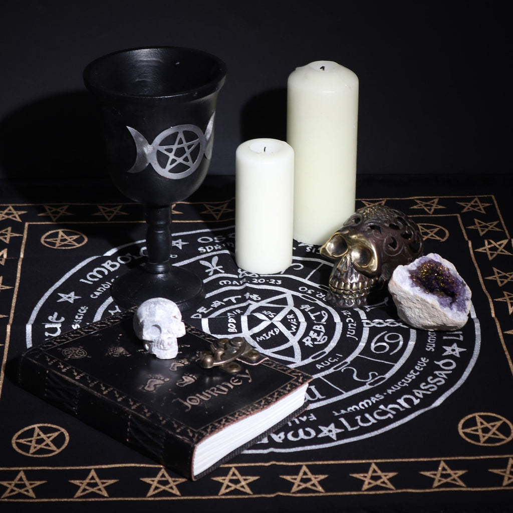 Mantel de altar esotérico con flecos - Vida Muerte Renacimiento