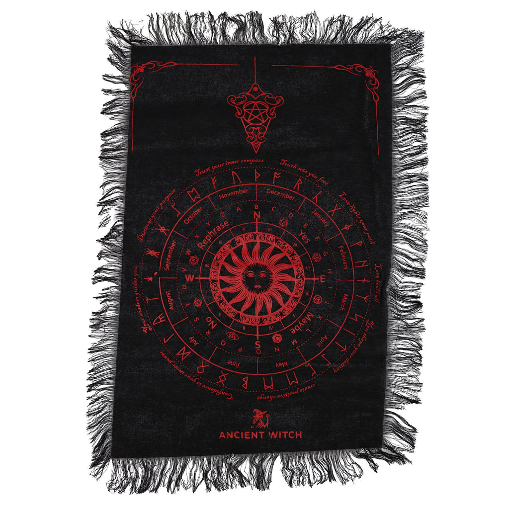 Tela de Adivinación con Péndulo de Bruja Antigua - Rostro del Sol - Negro y Rojo Sangriento