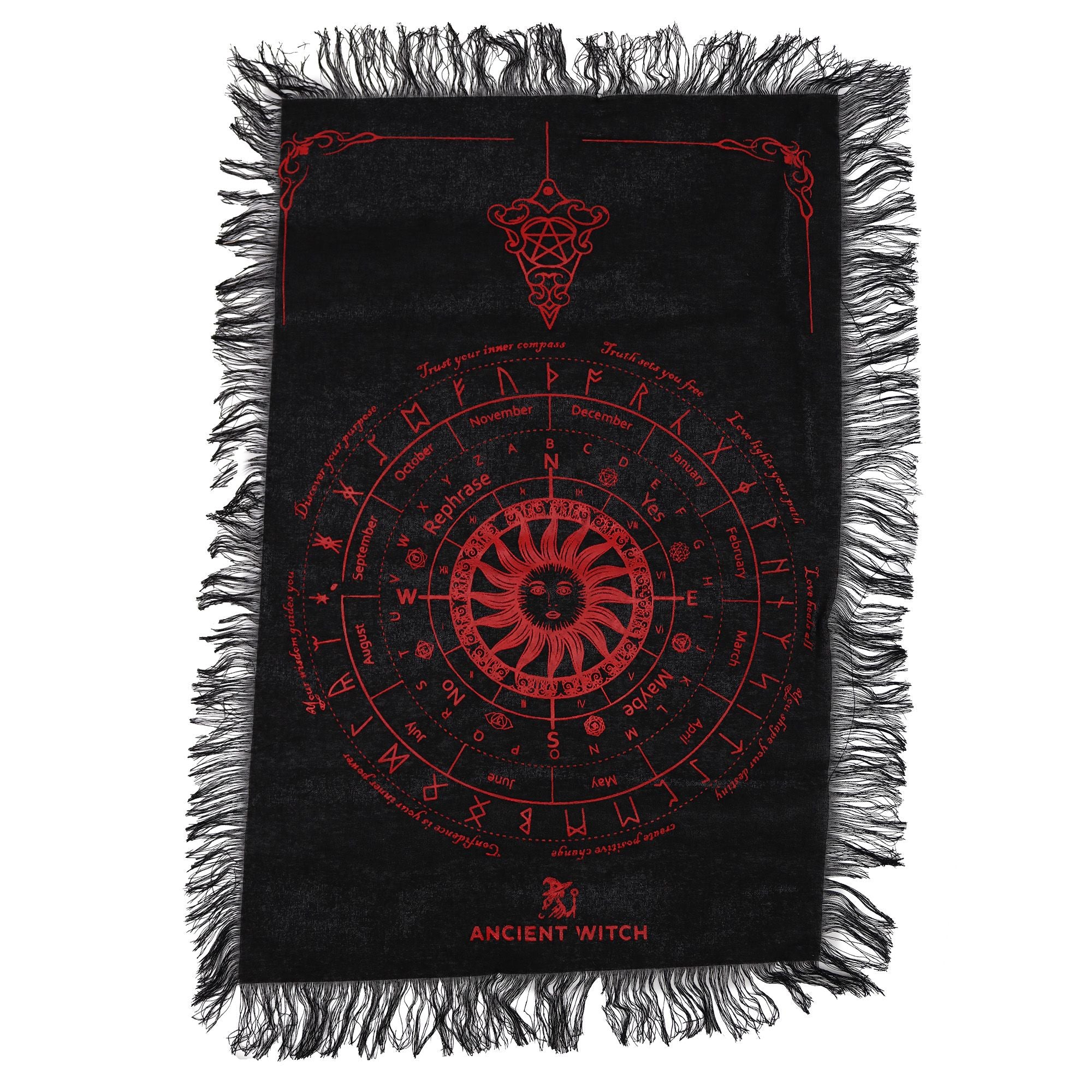 Tela de Adivinación con Péndulo de Bruja Antigua - Rostro del Sol - Negro y Rojo Sangriento