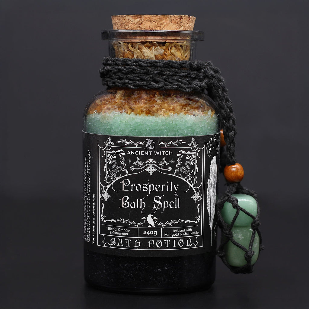 Poción de hechizo de baño de bruja antigua y amuleto de cristal de aventurina - prosperidad