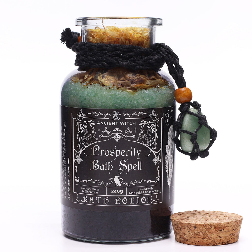 Poción de hechizo de baño de bruja antigua y amuleto de cristal de aventurina - prosperidad