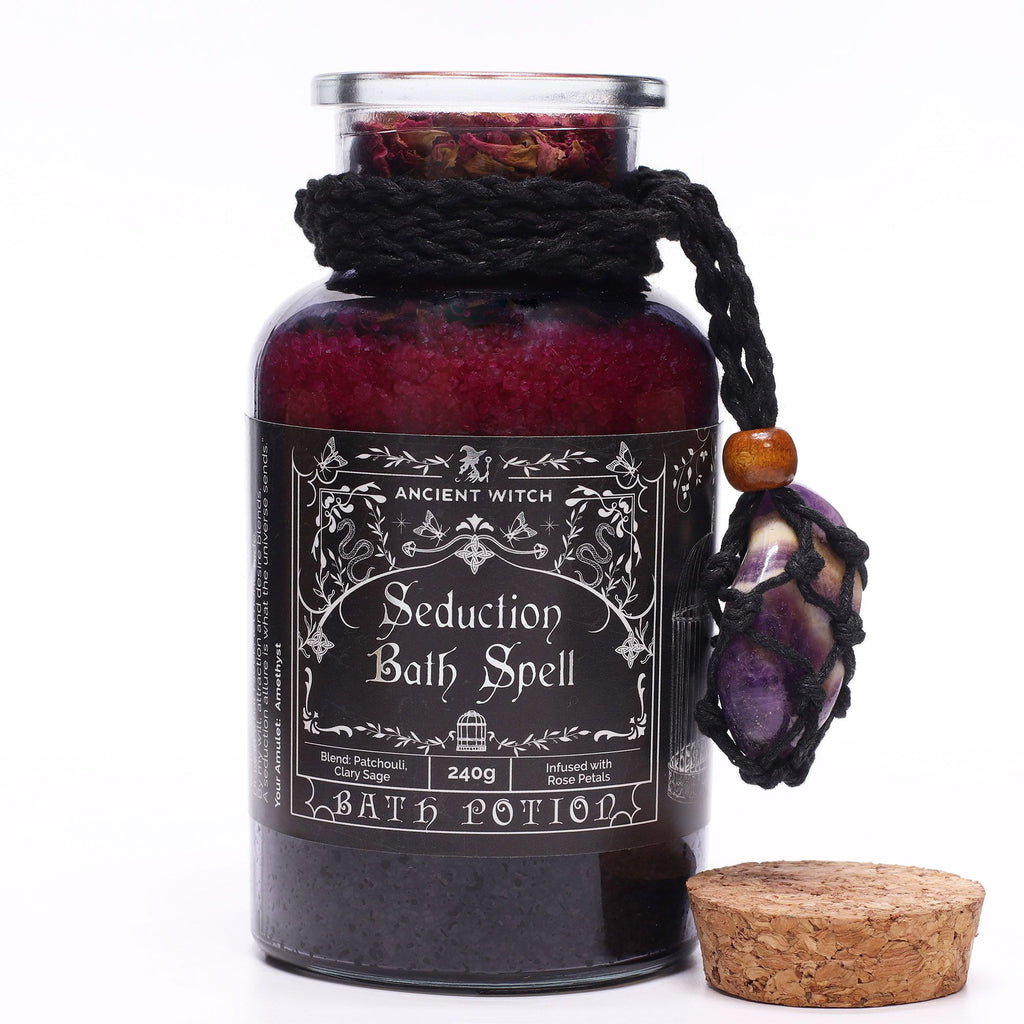 Poción de hechizo para baño de bruja antigua y amuleto de cristal de amatista - Seducción