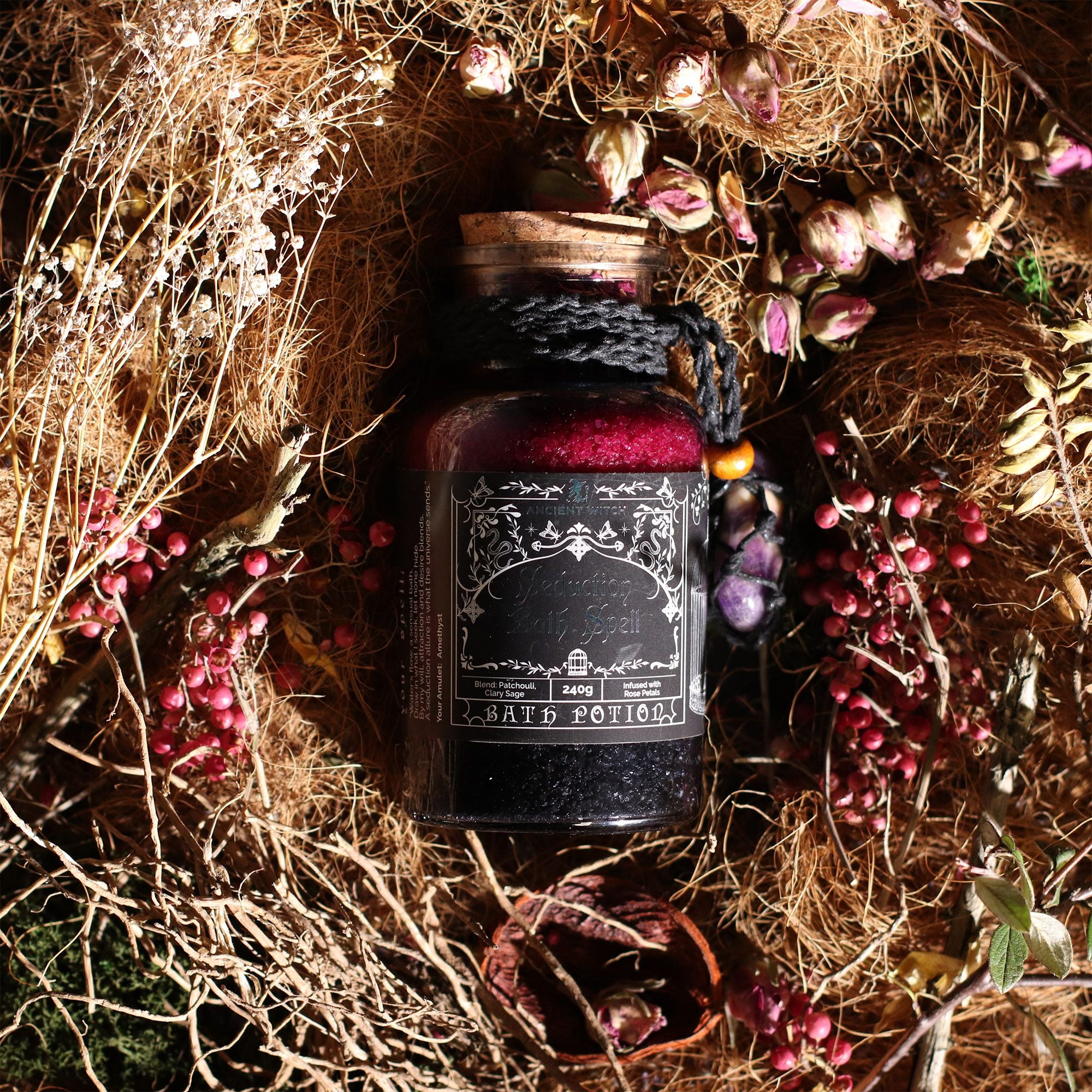 Poción de hechizo para baño de bruja antigua y amuleto de cristal de amatista - Seducción